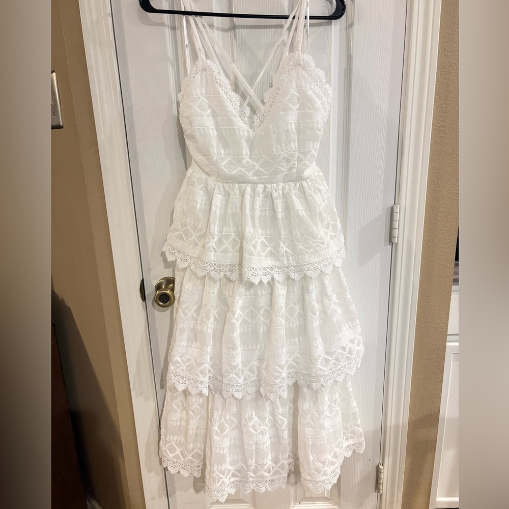LULUS All Is Love White Tiered Midi Dress S Lace Bridal Shower Rehearsal Dinner - Picture 2 of 11
